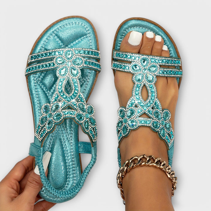 Reinhilde - Turquoise Boho Sandals with Rhinestones