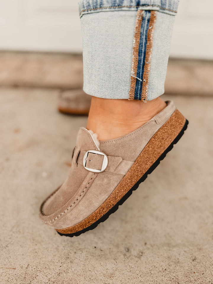 Birkenstock Buckley Suede Leather Shearling Clog - Stone Coin