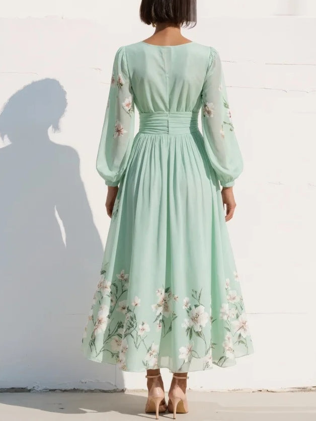 Lucija - Light Green Midi Chiffon Dress with Floral Pleats